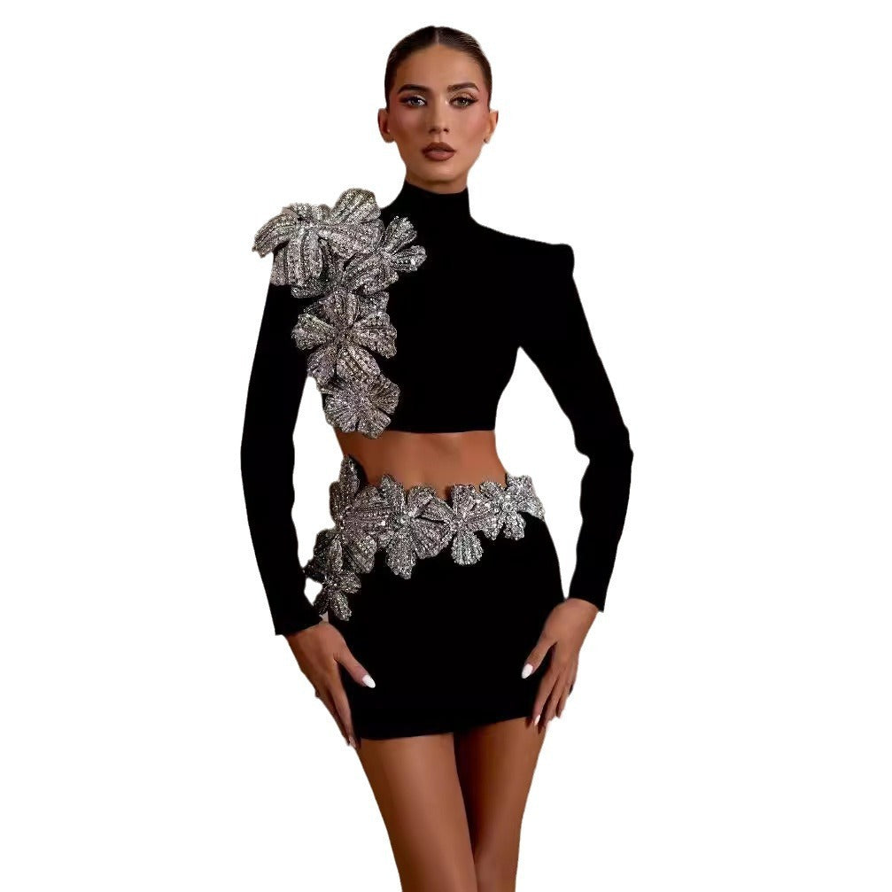Black Two-Piece Set: Long Sleeve Top & Short Hip Skirt with Diamonds