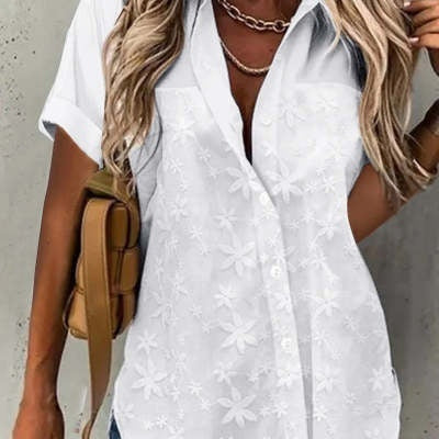 White Casual Loose Lace Shirt Short Sleeve Polyester