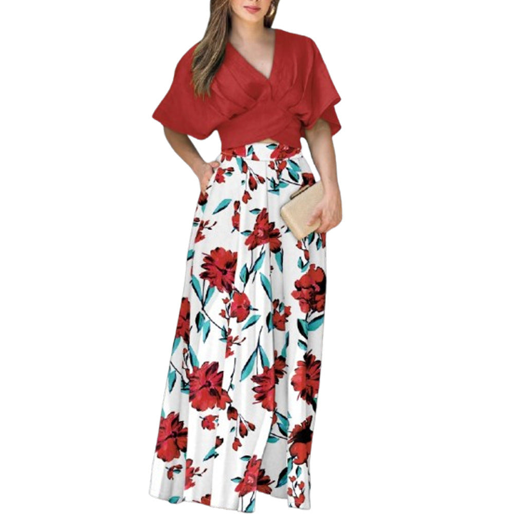 Women's Summer Printed Two-Piece Suit Short Sleeve Top & Pocket Trousers