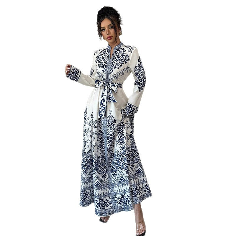 Vintage Blue Floral Women's Dress High Waist Short Sleeve