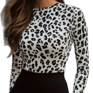 Elegant White Leopard-Print Slim Fit T-Shirt for Women, Perfect Base Layer