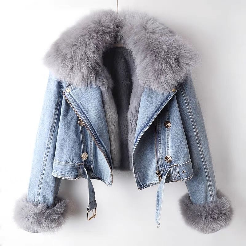 Detachable Fox & Rabbit Fur Liner Denim Coat in Blue