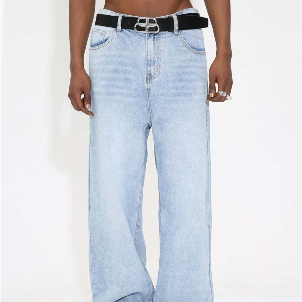 Light Blue Washed Loose Jeans with Frayed Hem