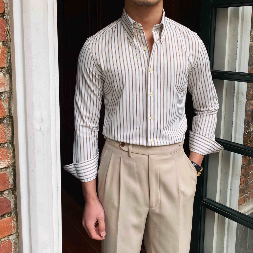 Chemise à Manches Longues Décontractée Slim Rayée Style Café Italien