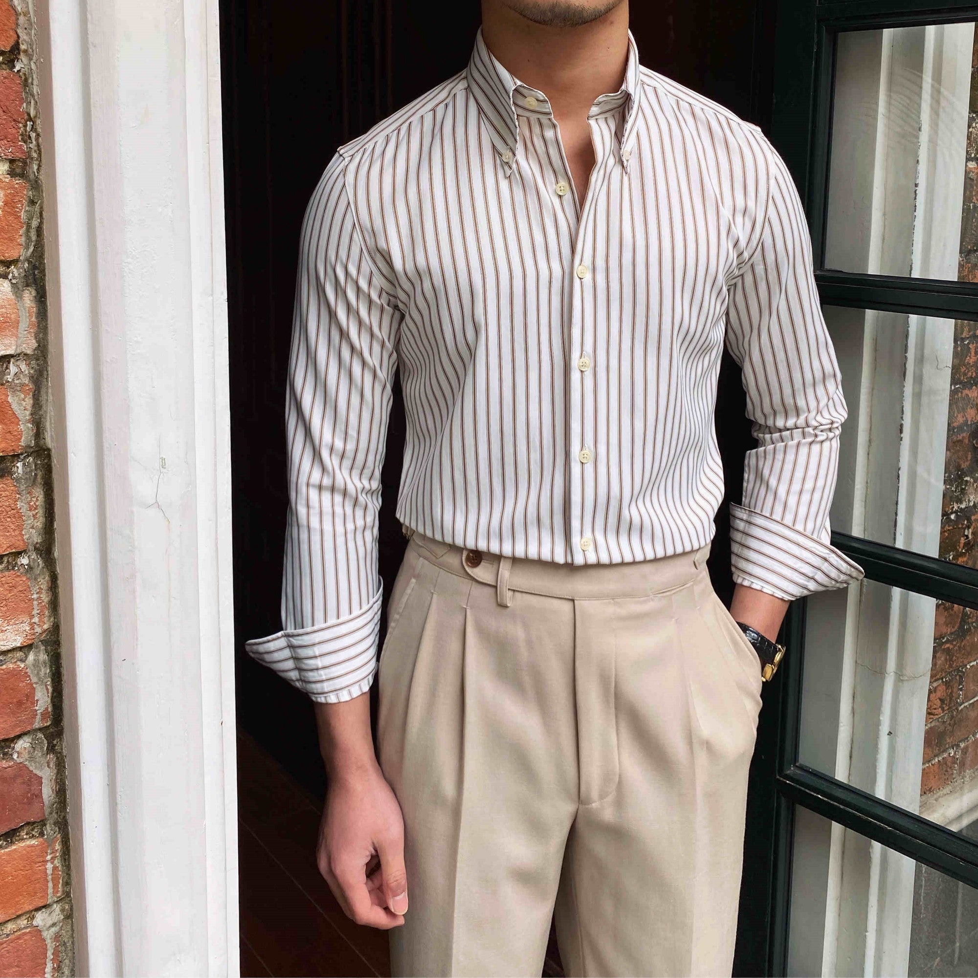 Chemise à Manches Longues Décontractée Slim Rayée Style Café Italien