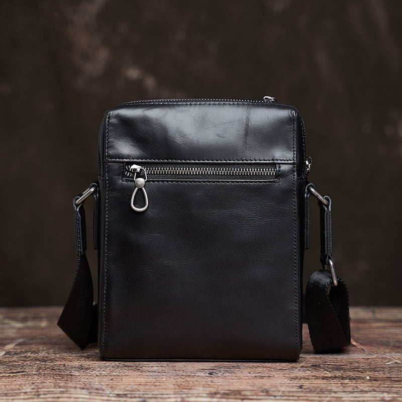Handmade Men's Black Cowhide Leather Shoulder Bag with Zipper