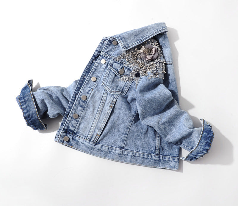 Heavy Industry Beaded Flowers Long-sleeved Denim Jacket