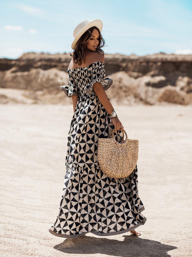Women’s One Word Collar Sexy Printed Mid-Waist Long Dress
