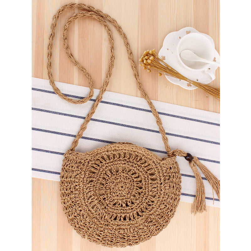 Sac bandoulière rond tressé en paille avec pompon, crocheté à la main pour femme, 26x23cm