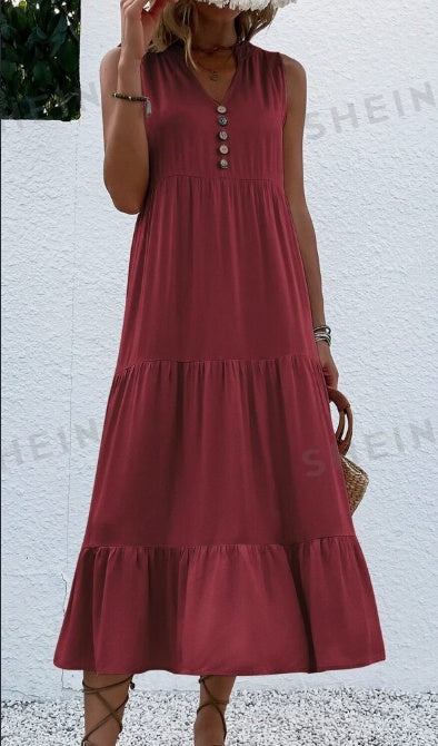 Women's Notched V-Neck Ruffle Hem Dress in Viscose, Sizes S-3XL