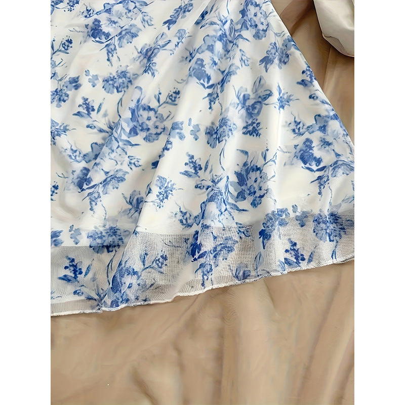 Women's Blue Floral Mid Waist French Strap Dress