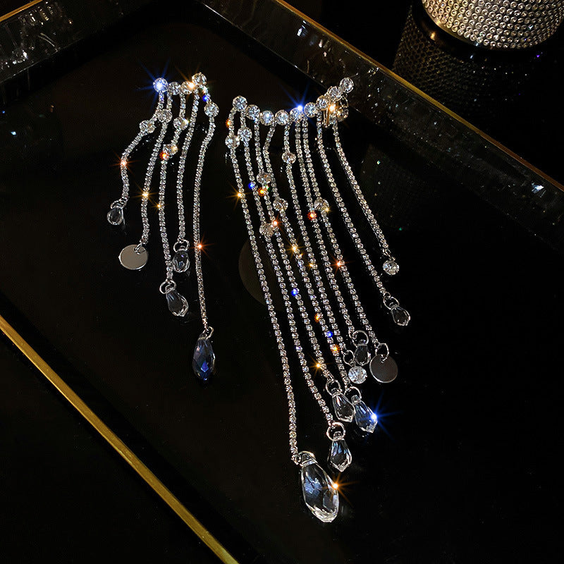 Silver Pin With Diamonds And Crystal Tassel Asymmetric Earrings Exaggerated