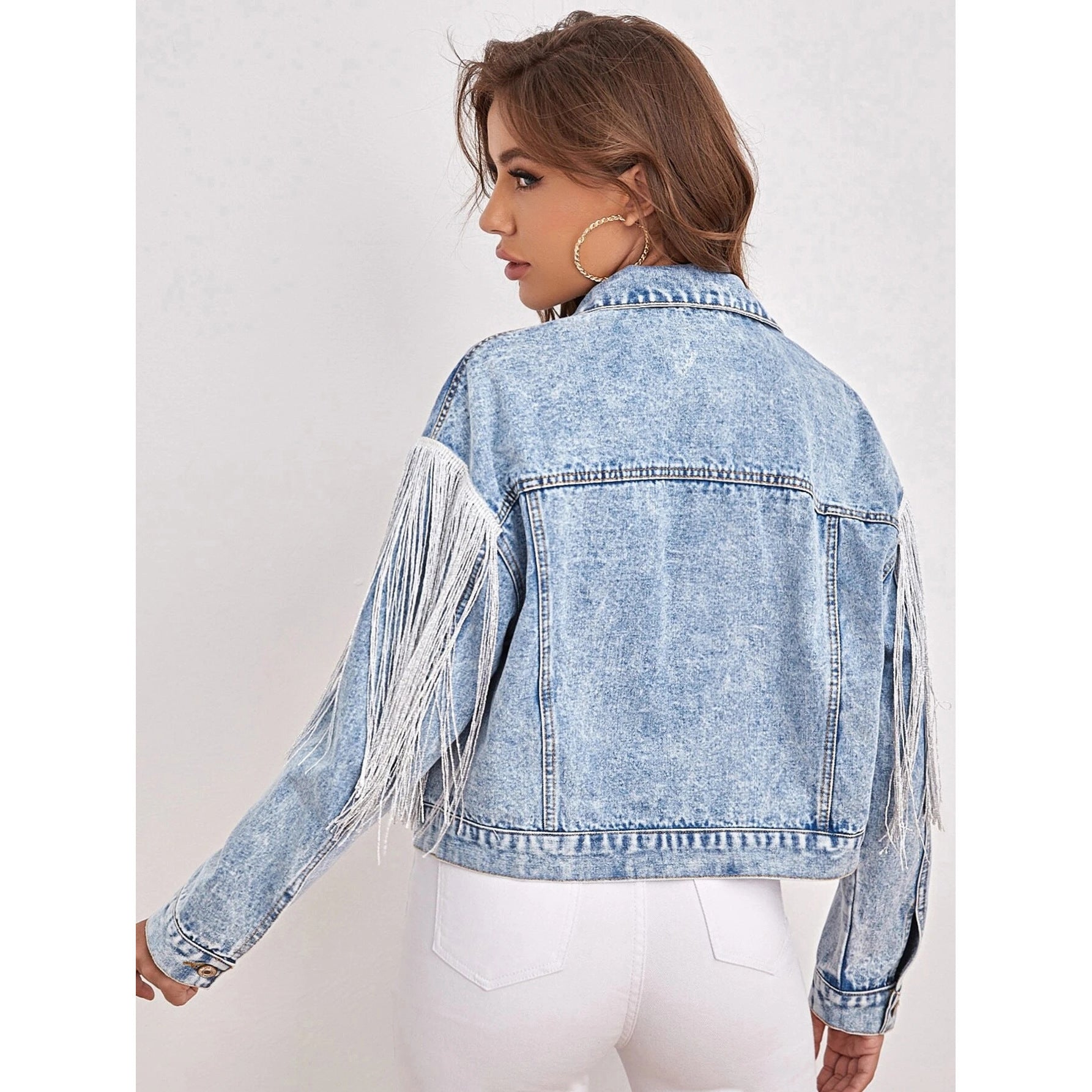 Flip Collar Denim Coat for Girls Long Sleeve Blue Cotton