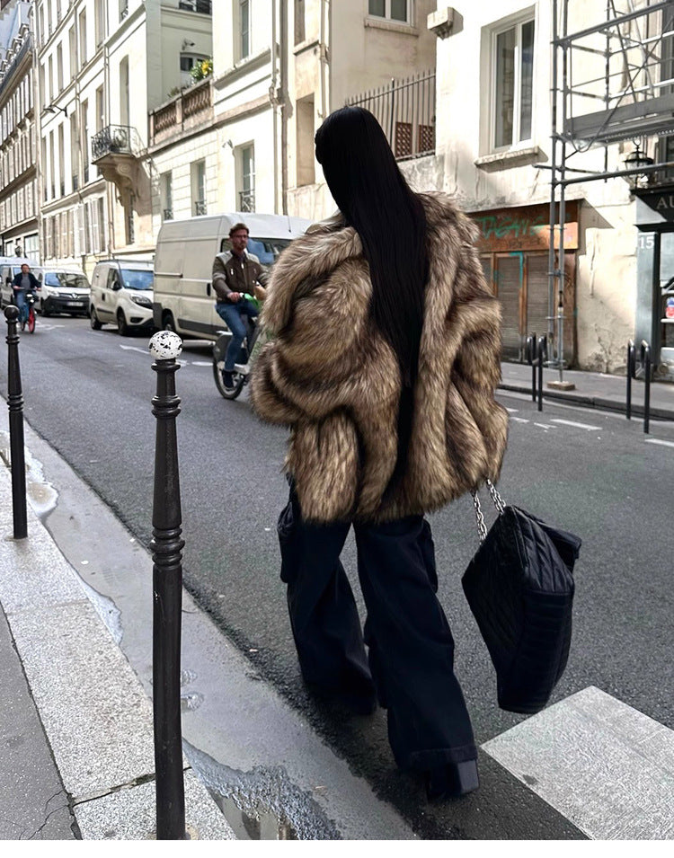 Women's Fur Coat Raccoon Fur Coat Brown Lapel Warm Furry Coat European And American Leisure