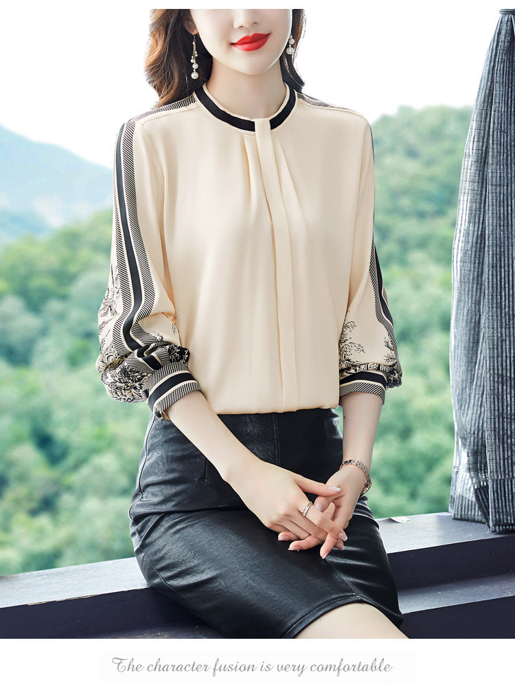 Women's Apricot Printed Mulberry Silk Satin Long Sleeve Shirt Slimming Spring Top