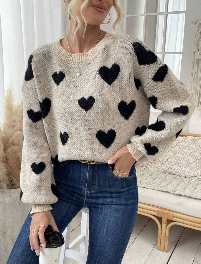 Love Contrast Color Round Neck Loose Casual Pullover Long Sleeve Sweater