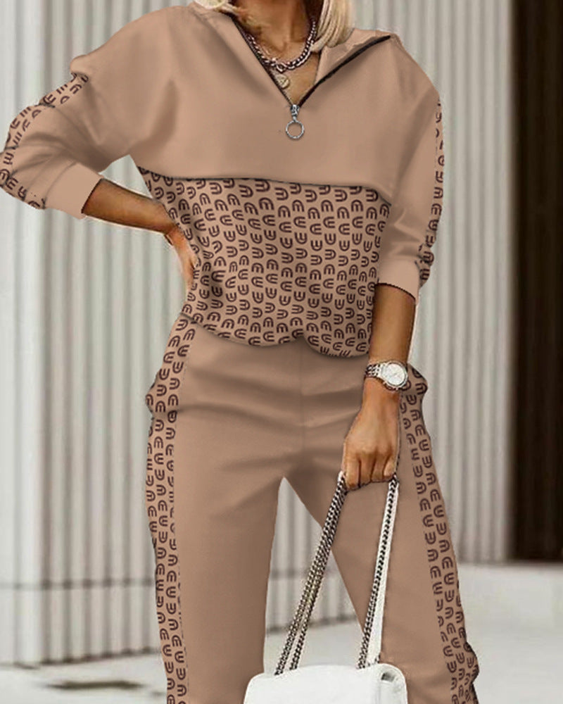 Ensemble pantalon et haut à manches longues imprimé pour femme en fibre de polyester