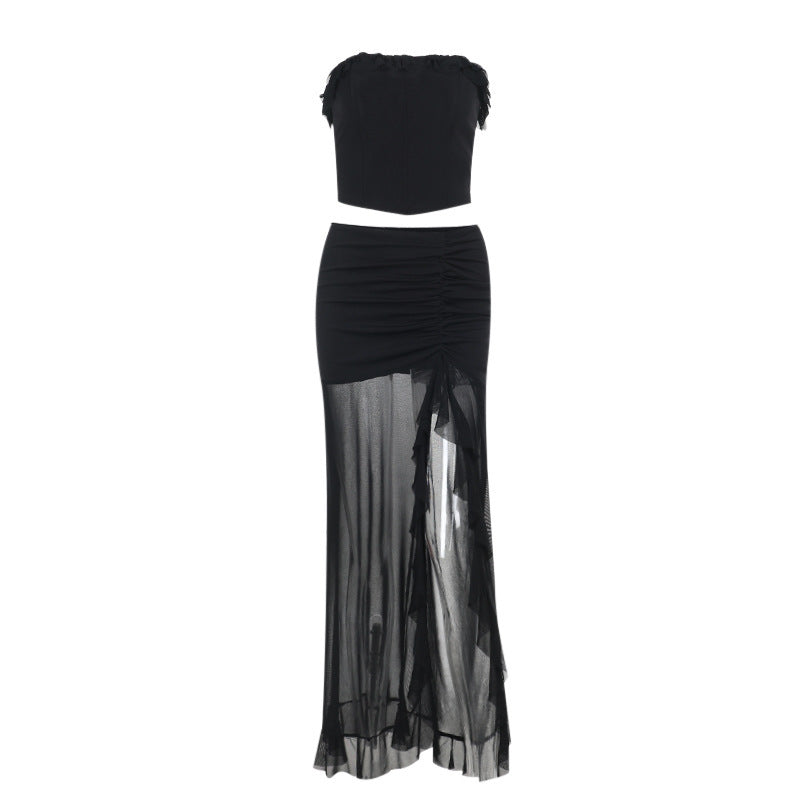 Women’s Tube Top Mid-Length Dress Set in Solid Colors