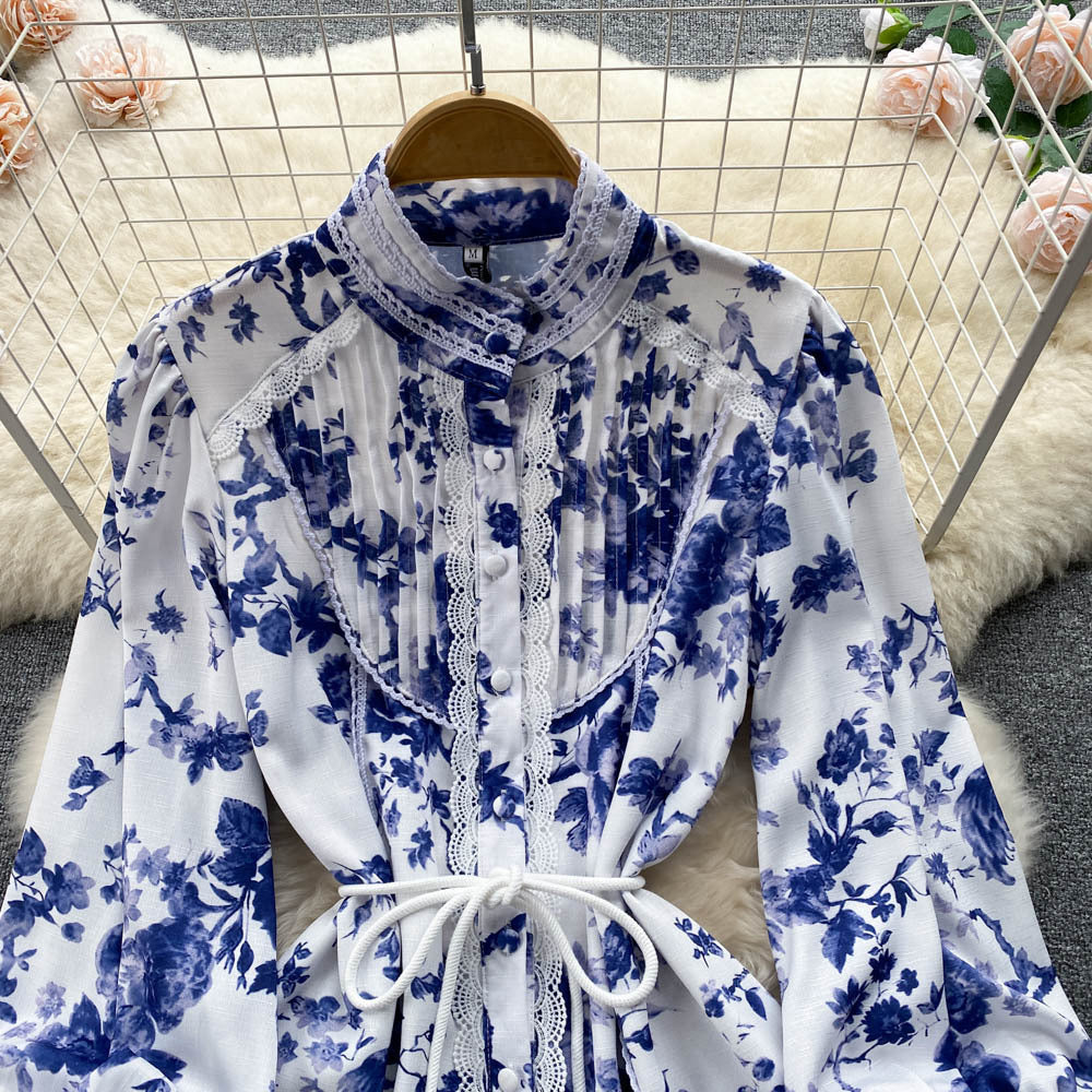 Elegant White Stand-Up Collar Puff Sleeve Single-Breasted Fringed Waist Dress