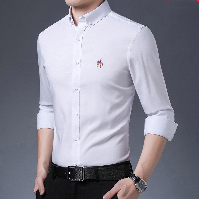 Men's Long-sleeved Bamboo Fiber Solid Color Fine Grid Stretch Business Slim Shirt