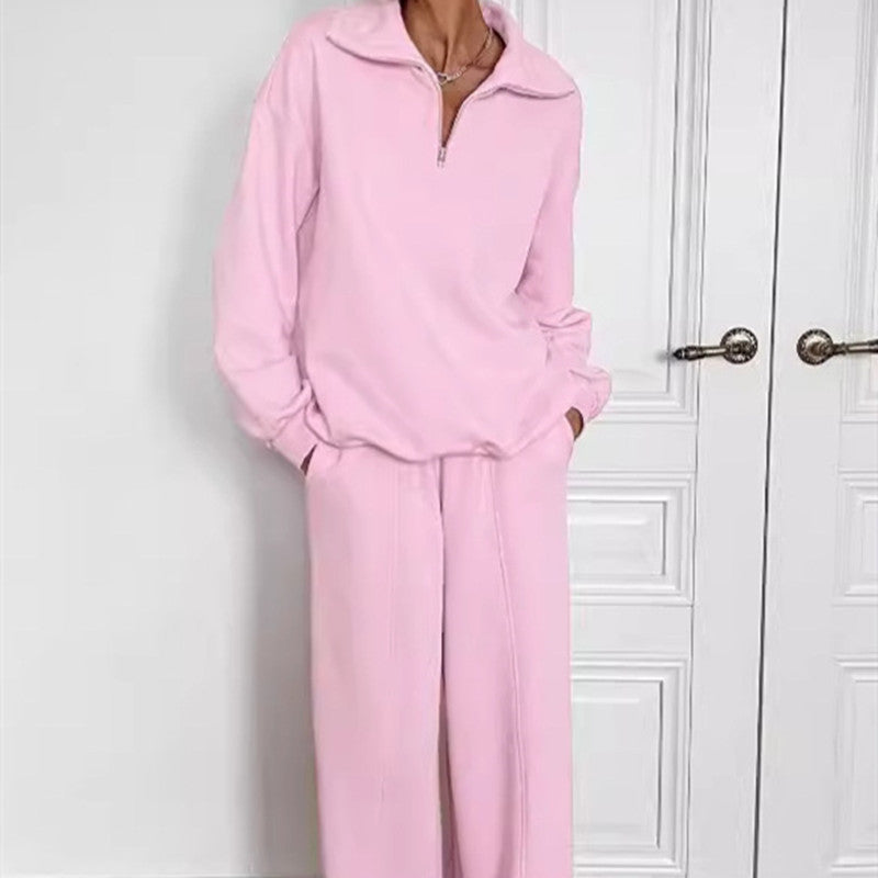 Women's Fashion Long-Sleeve Sweater Set with Pants Polyester Pink Black S-XL