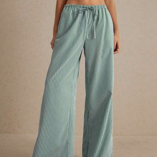 Women's Dark Green Loose Straight Trousers with Elastic Waist