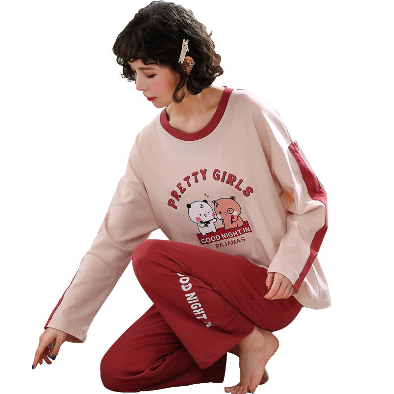 Ladies Cotton Long-Sleeve Cartoon Pajama Set for Home & Outside Wear