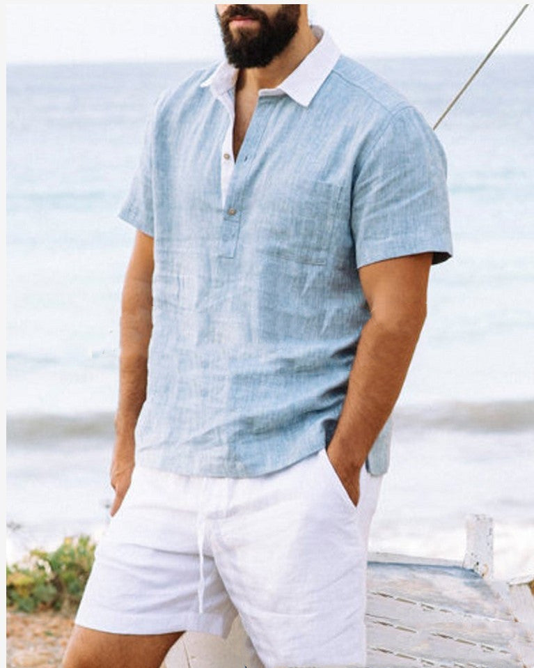 Light Blue Thin Cotton Linen Casual Lapel Shirt