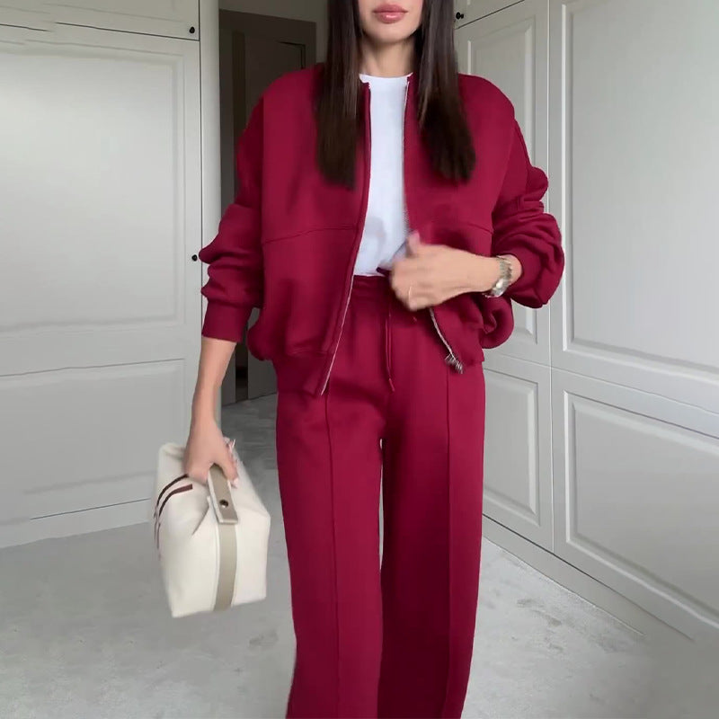 Solid Color Gray Polyester Zip Sweater & Casual Trousers Suit for Women