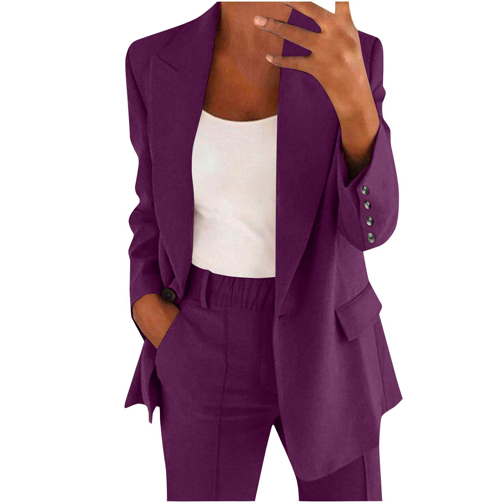 Slim Lapel Cardigan Suit Set with Button Detail