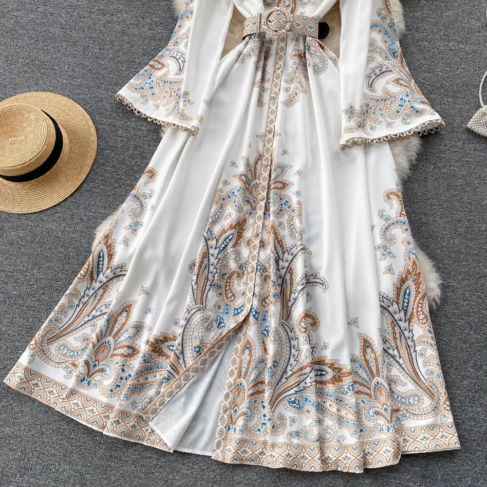 Retro Middle East Style White Bell Sleeve Dress