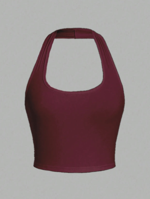 White Solid Color Cropped Halter Neck Slim Fit Tank Top for Women