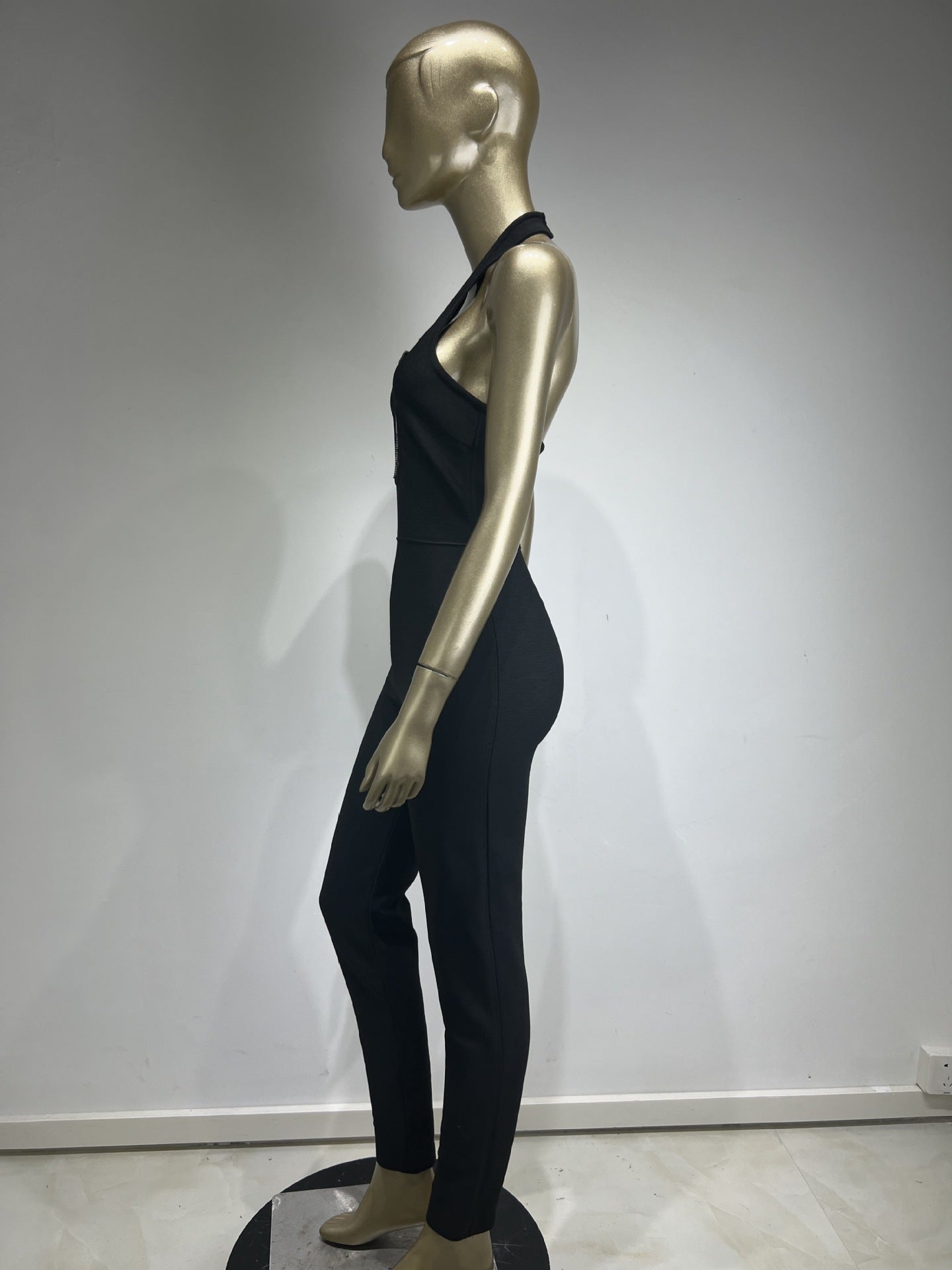 Halter Deep V Black Lace-Up Diamond Rose Tight Jumpsuit Party Dress
