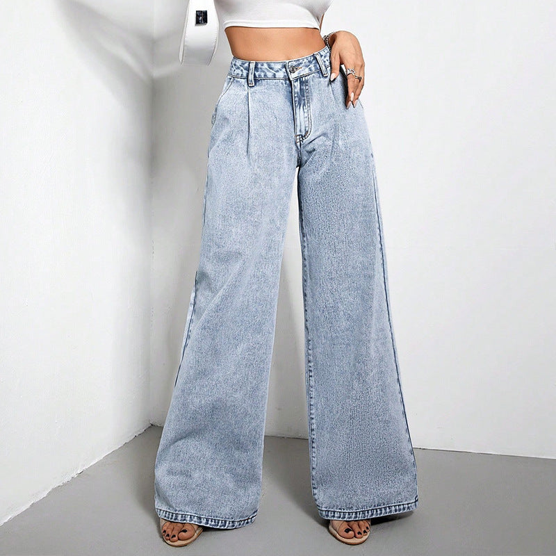 Women's Wide Leg Loose Blue Denim Trousers