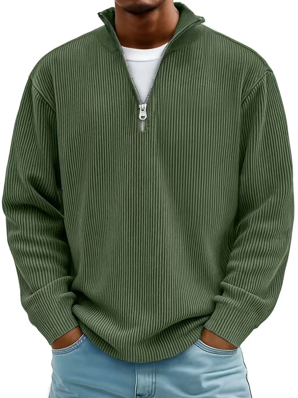 Casual Ribbed Stand Collar Corduroy Zipper Long Sleeve Pullover