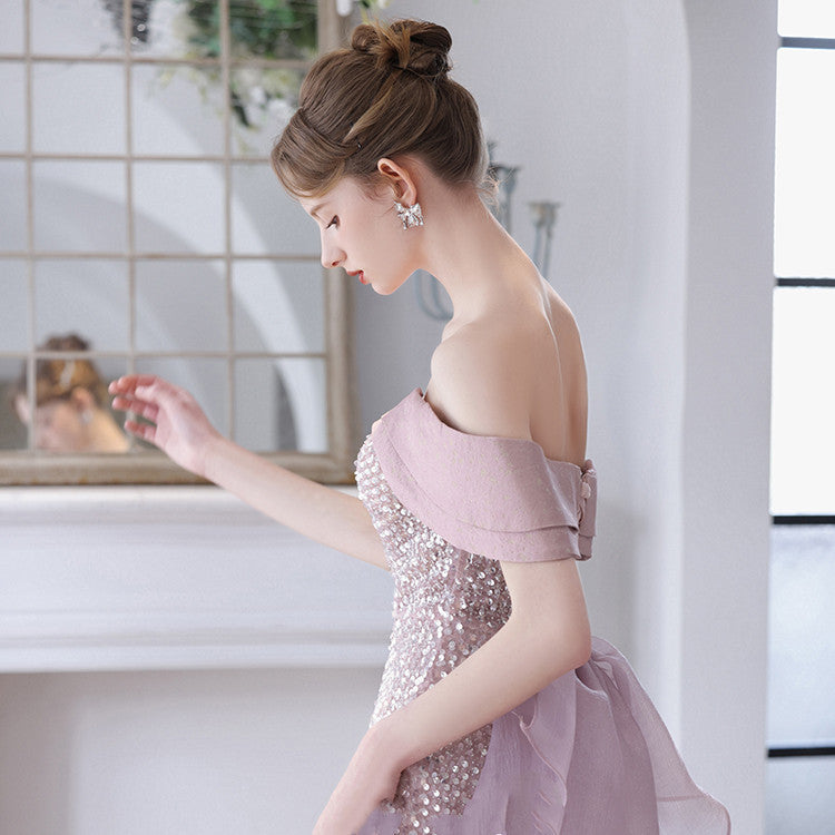 Women's Pink Polyester One-Shoulder Evening Dress