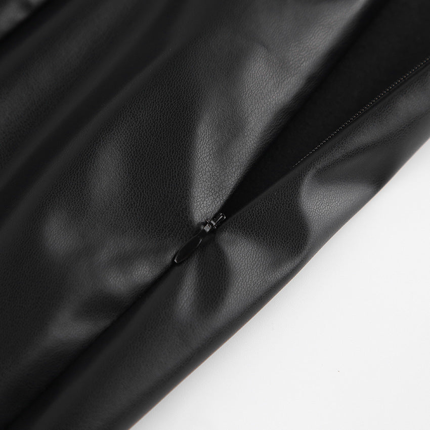European & American High Waist Black PU Leather Split Skirt
