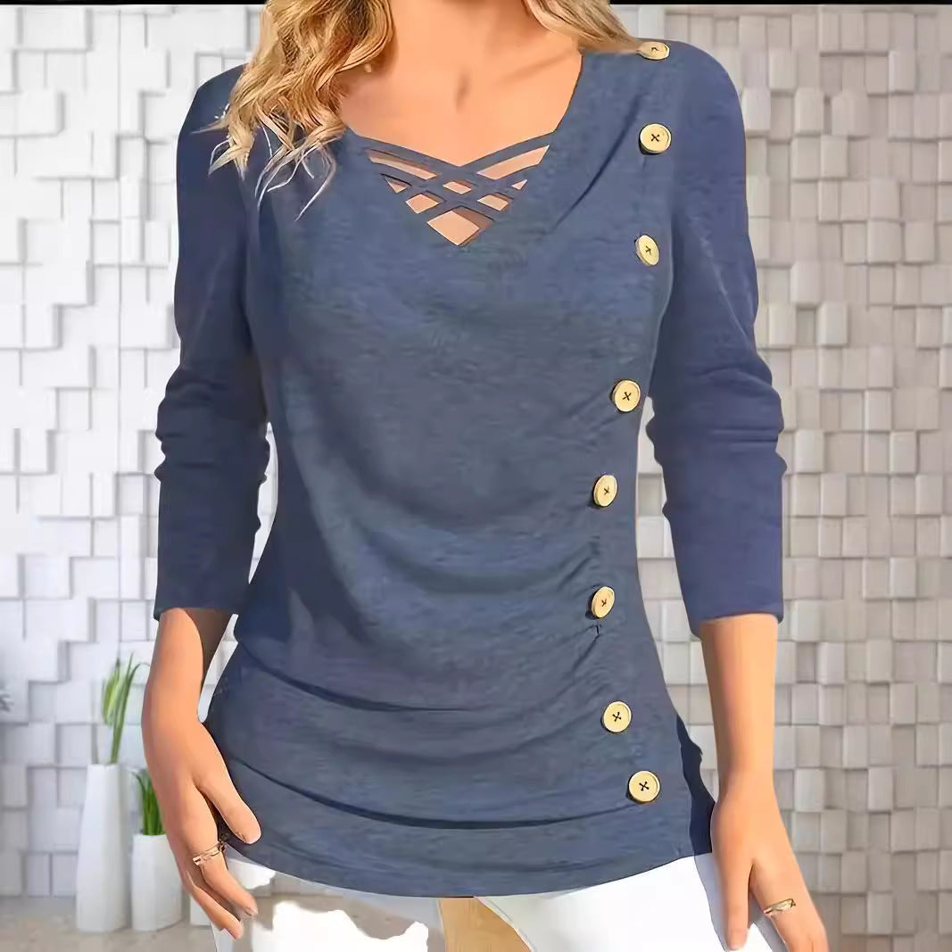 Chemisier mi-long élégant de couleur unie avec col en V, manches longues et faux boutons