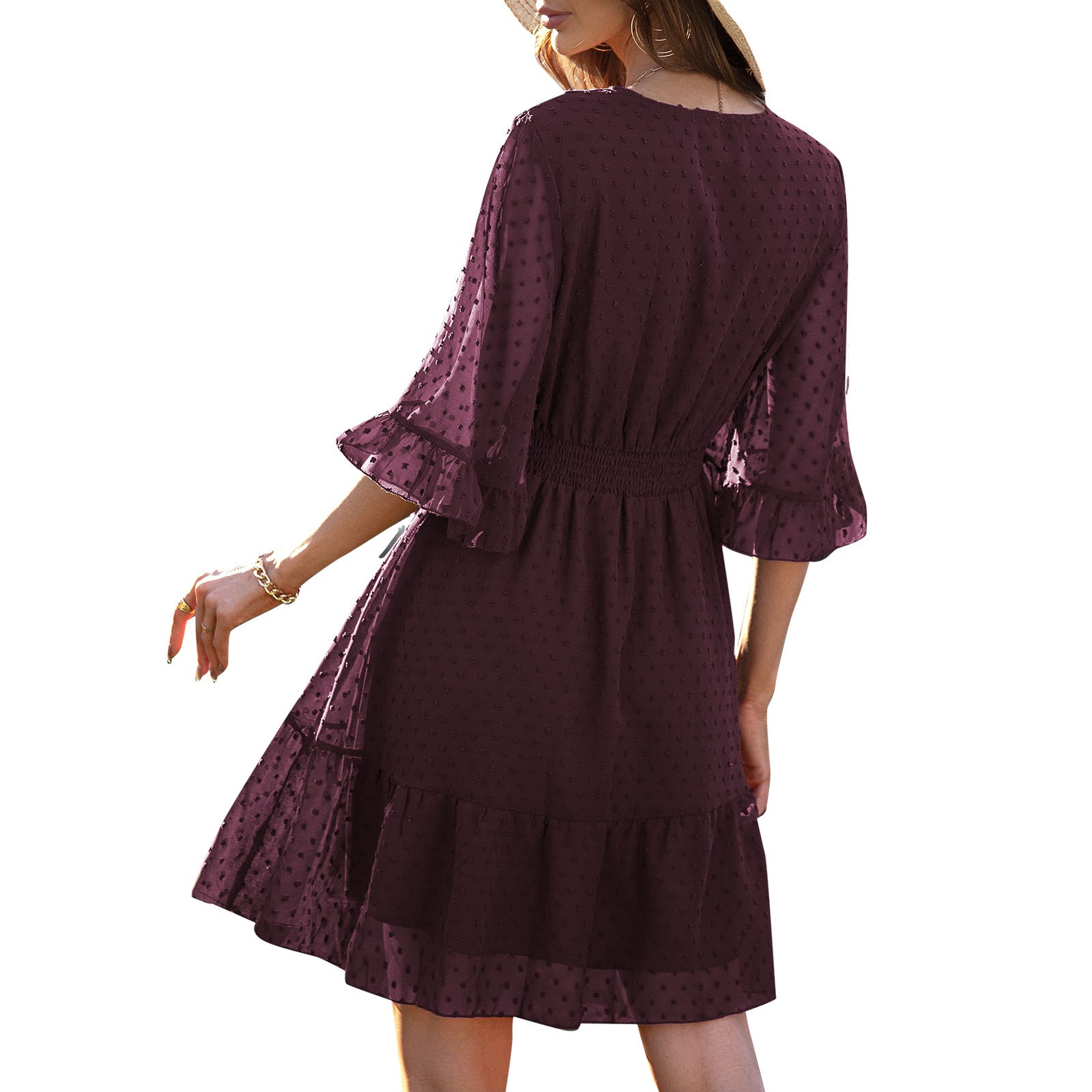 Summer V-Neck Polka Dot Chiffon Dress for Women in Solid Colors