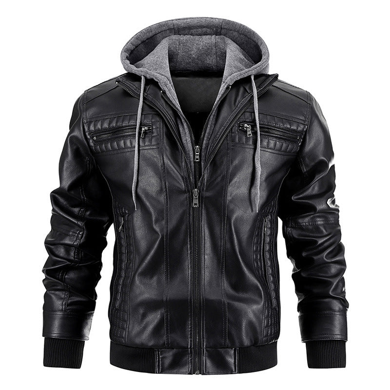 Blouson à capuche en cuir PU pour hommes avec poches zippées - Manteau chaud et tendance