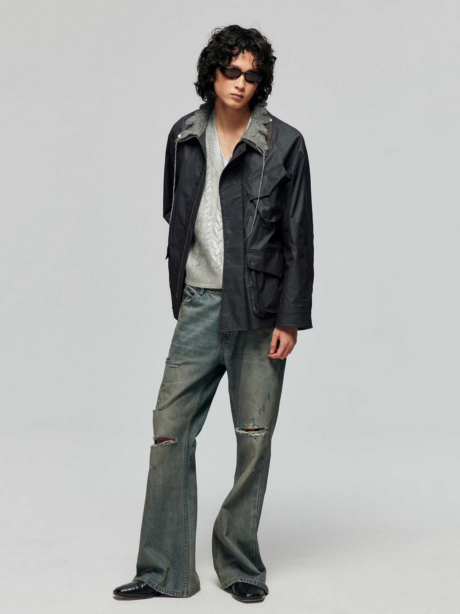 Cotton Washed Blue Retro Ripped Loose Micro-Flared Jeans Trousers