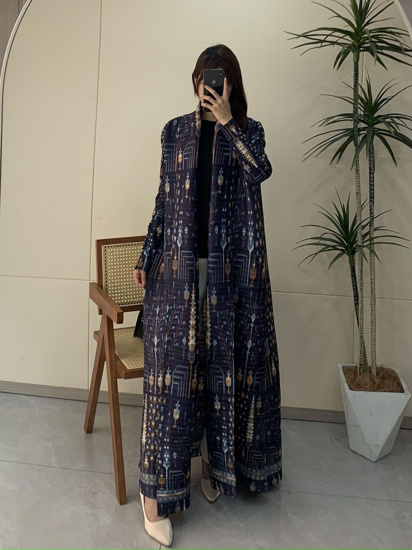 Pleated Print Fashionable All-match Lace-up Loose Arabian Abaya Robe