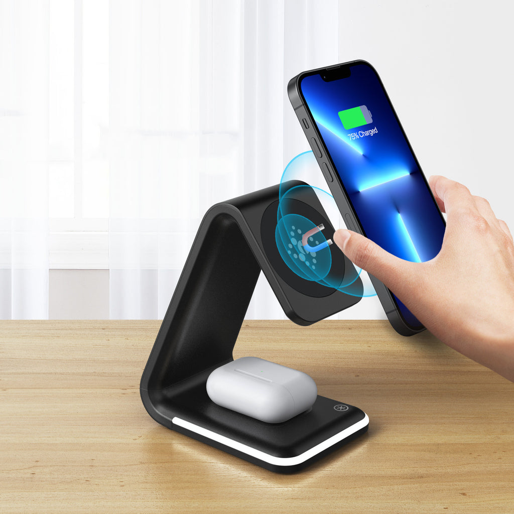 Chargeur sans fil magnétique 3-en-1 avec chargement rapide PD et témoin lumineux