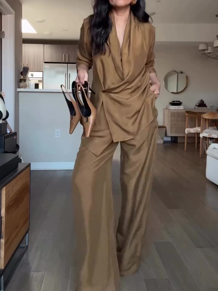 Wrap-Style Satin Blouse & Wide-Leg Pants Set