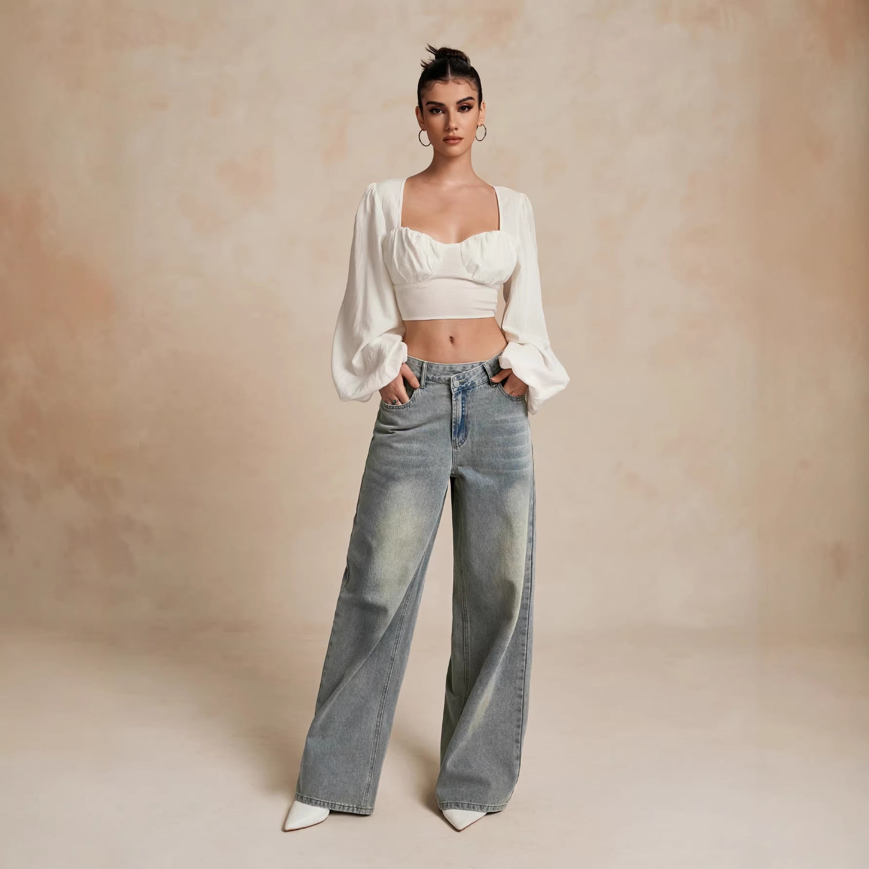 Light Blue Mid-Rise Loose Flared Denim Trousers
