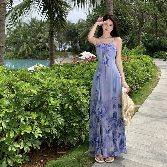 Vacation Style Beach Chiffon Printed Suspender Skirt Oil Painting Super Fairy