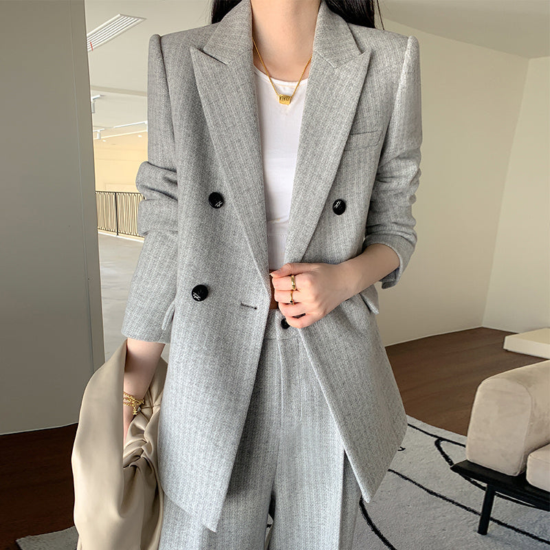 Women's Gray White Striped Wool Suit Coat with Wide Leg Trousers