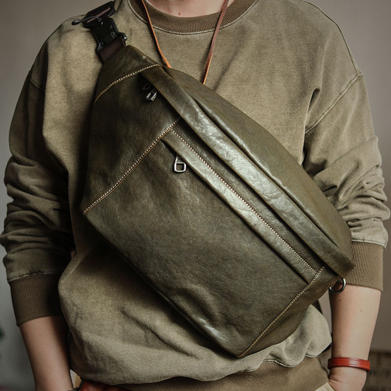 Sac bandoulière vintage en cuir de vachette grande capacité pour homme avec fermeture éclair