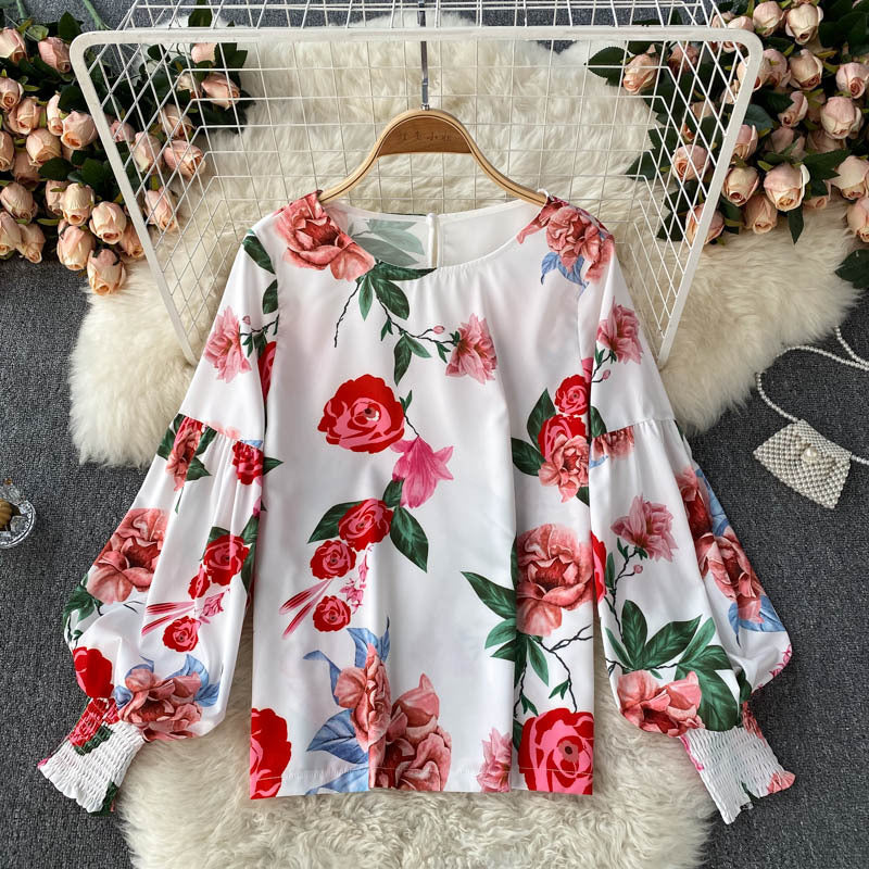 Retro Style White Puff Sleeve Blouse, Medium Length, Loose Fit