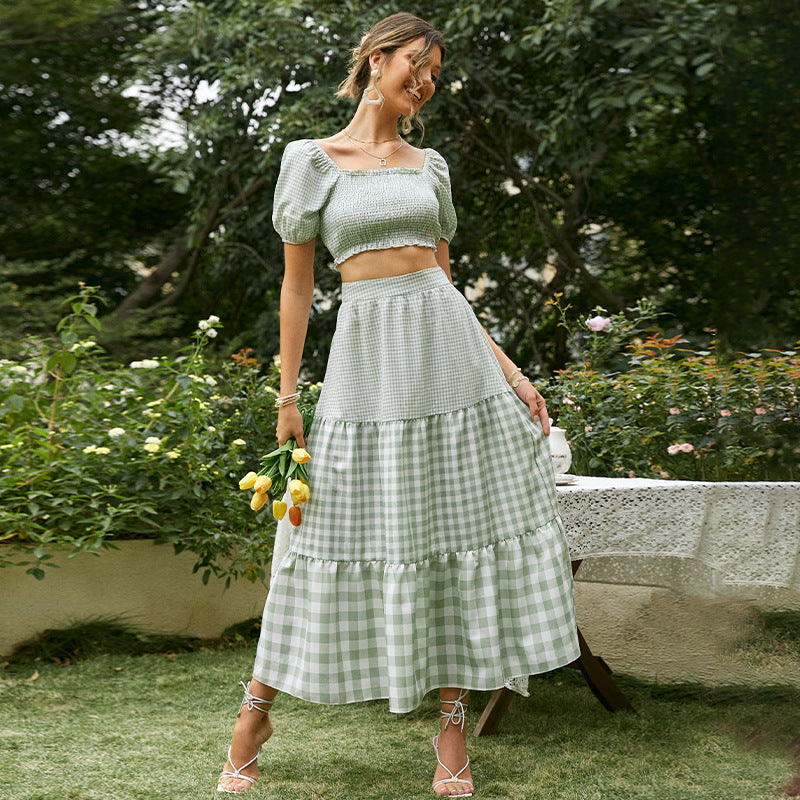 Fashion Casual Commuter Skirt Suit Midi Striped Light Green Polyester